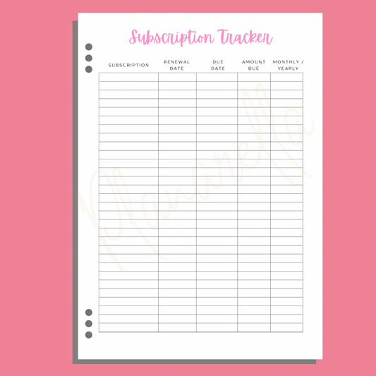 Subscription Tracker - Single Planner Page